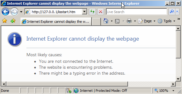 Internet Explorer 웹 브라우저의 스크린샷. 페이지의 텍스트는 Internet Explorer에서 웹 페이지를 표시할 수 없음을 표시합니다.