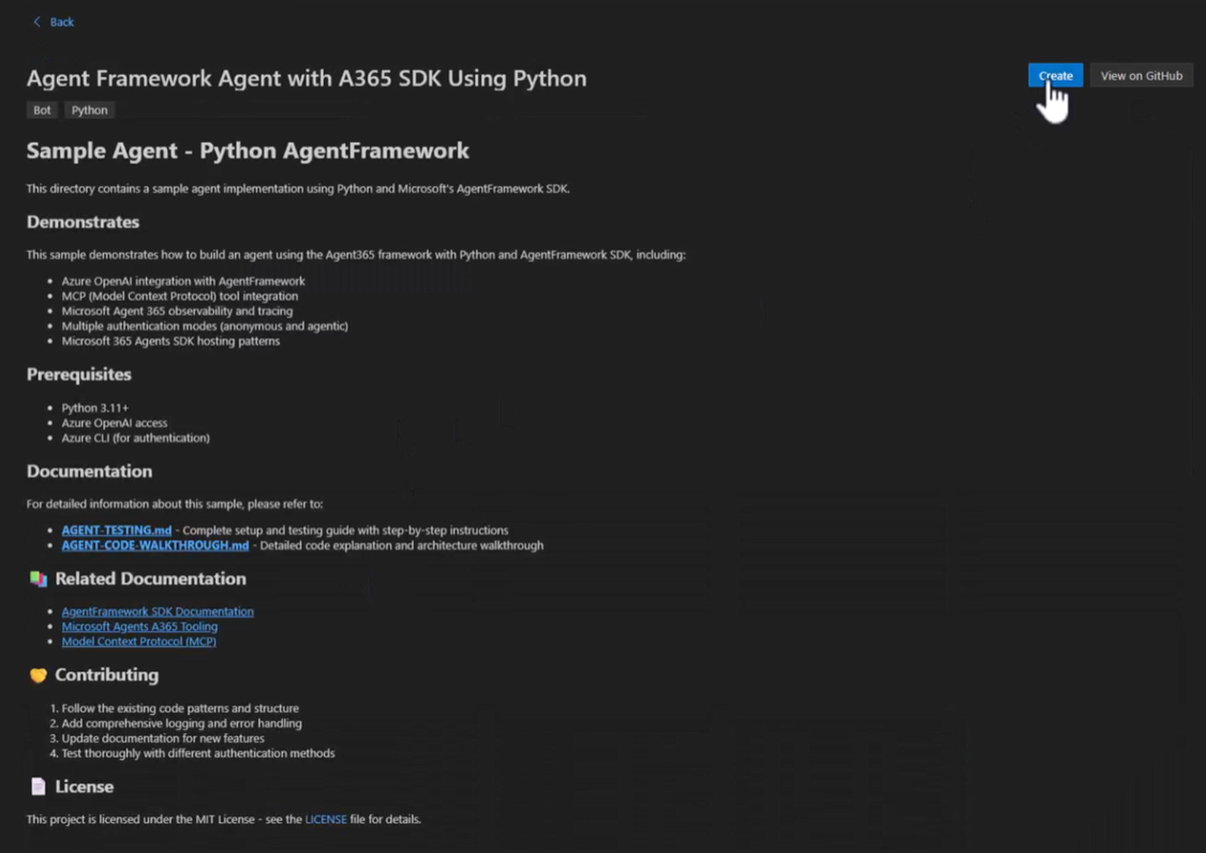 Python 샘플을 사용하는 A365 SDK가 있는 에이전트 프레임워크 에이전트의 스크린샷