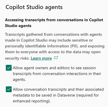 Power Platform 관리 센터에서 환경에 대한 Copilot Studio 설정 섹션의 스크린샷.