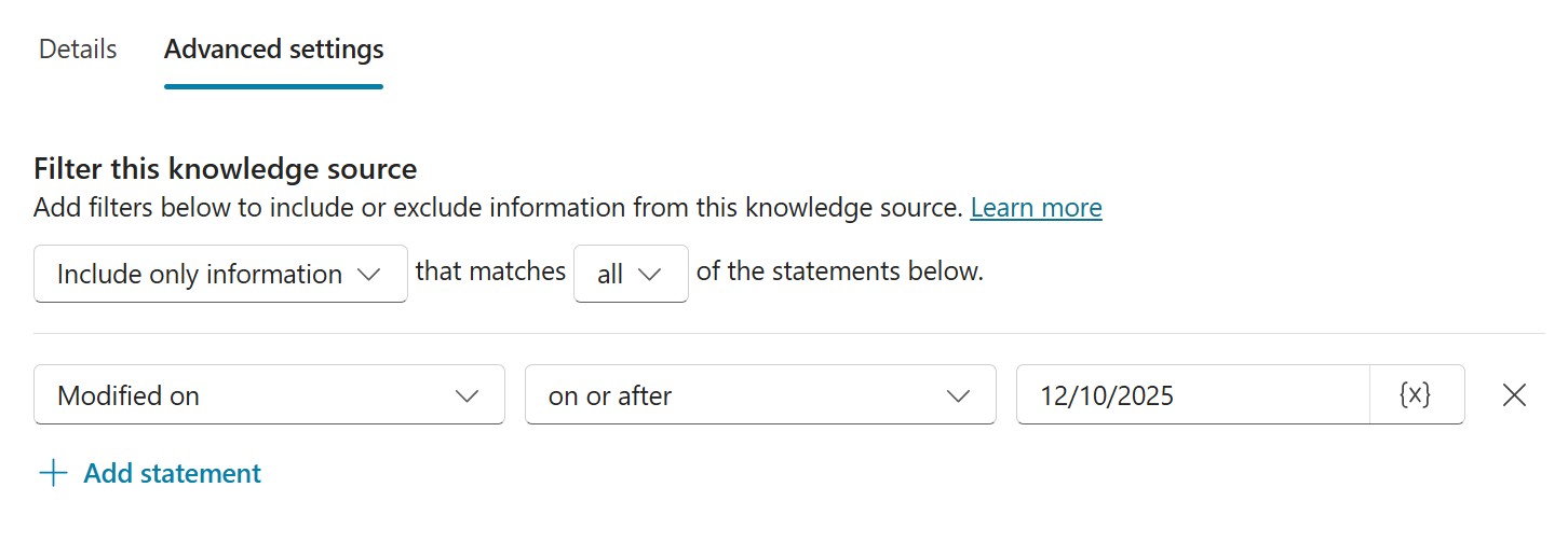 구성된 설정의 예를 표시하는 SharePoint 기술 자료의 고급 설정 스크린샷