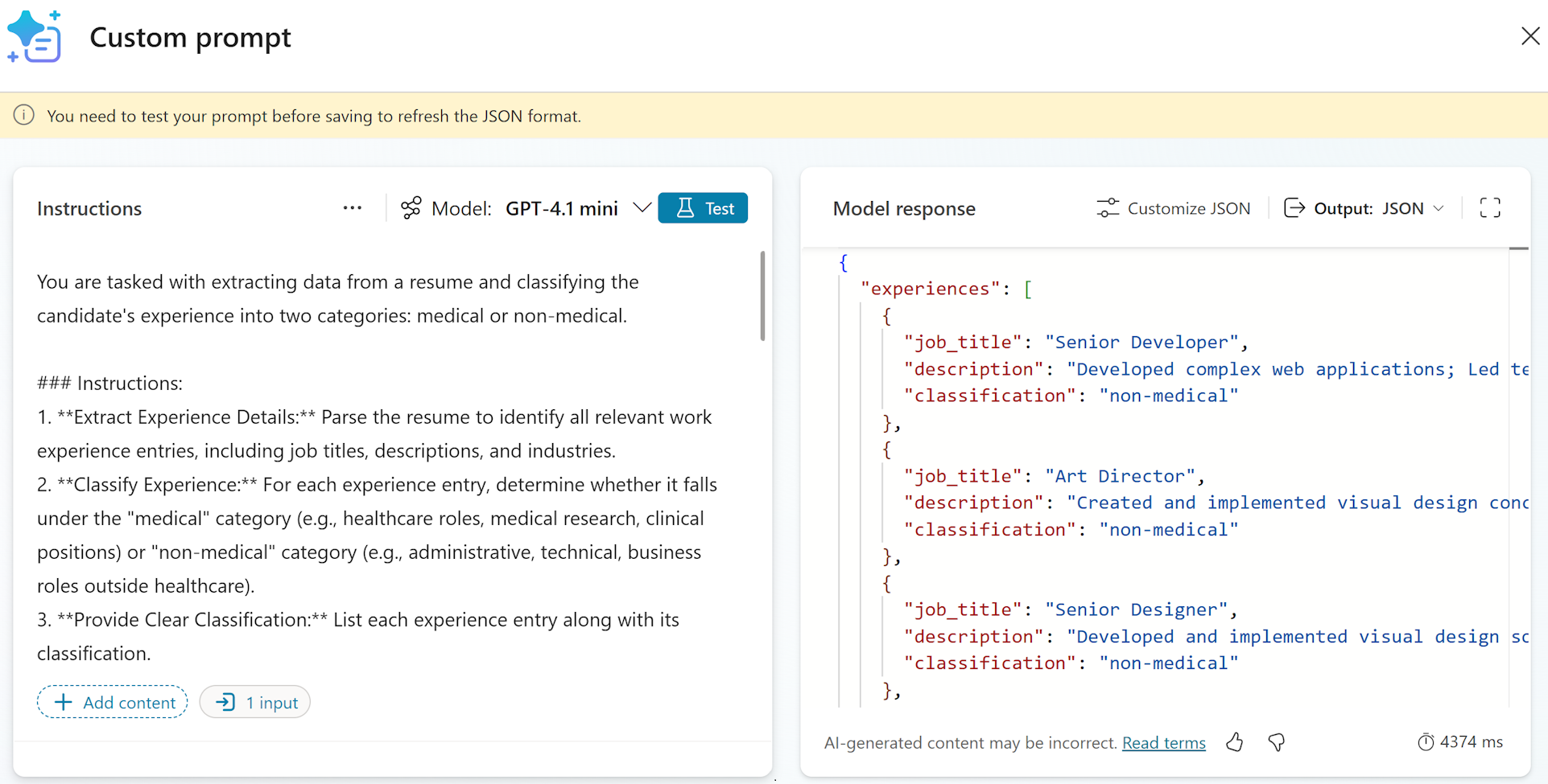 지침 패널 및 모델 응답 패널의 스크린샷.