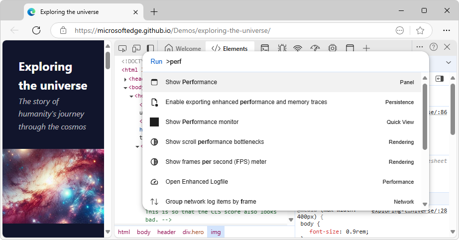 Command Menu with 'performance' entered