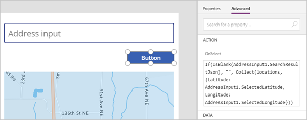 OnSelect 속성과 함께 표시되는 Power Apps Studio에서 생성 중인 버튼의 스크린샷.