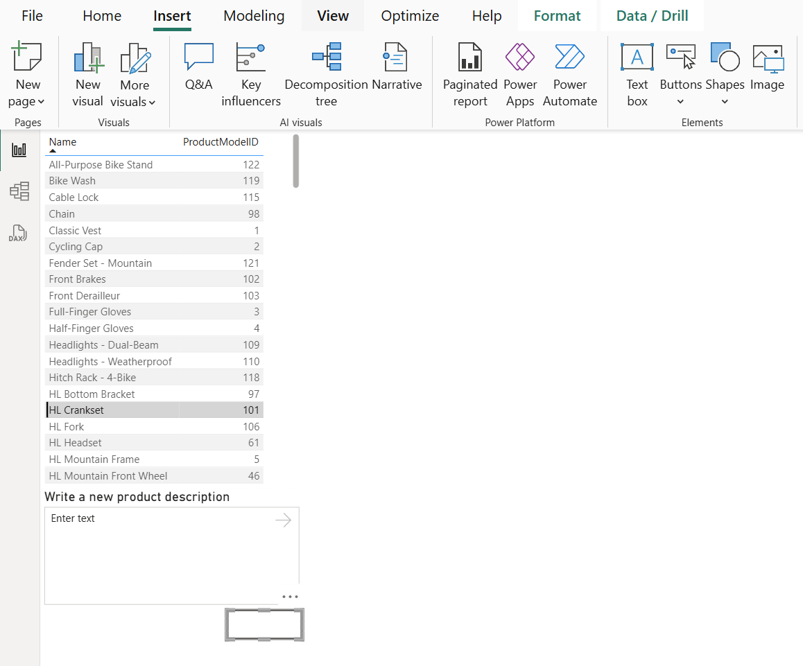 단추가 추가된 Power BI 보고서를 보여 주는 스크린샷