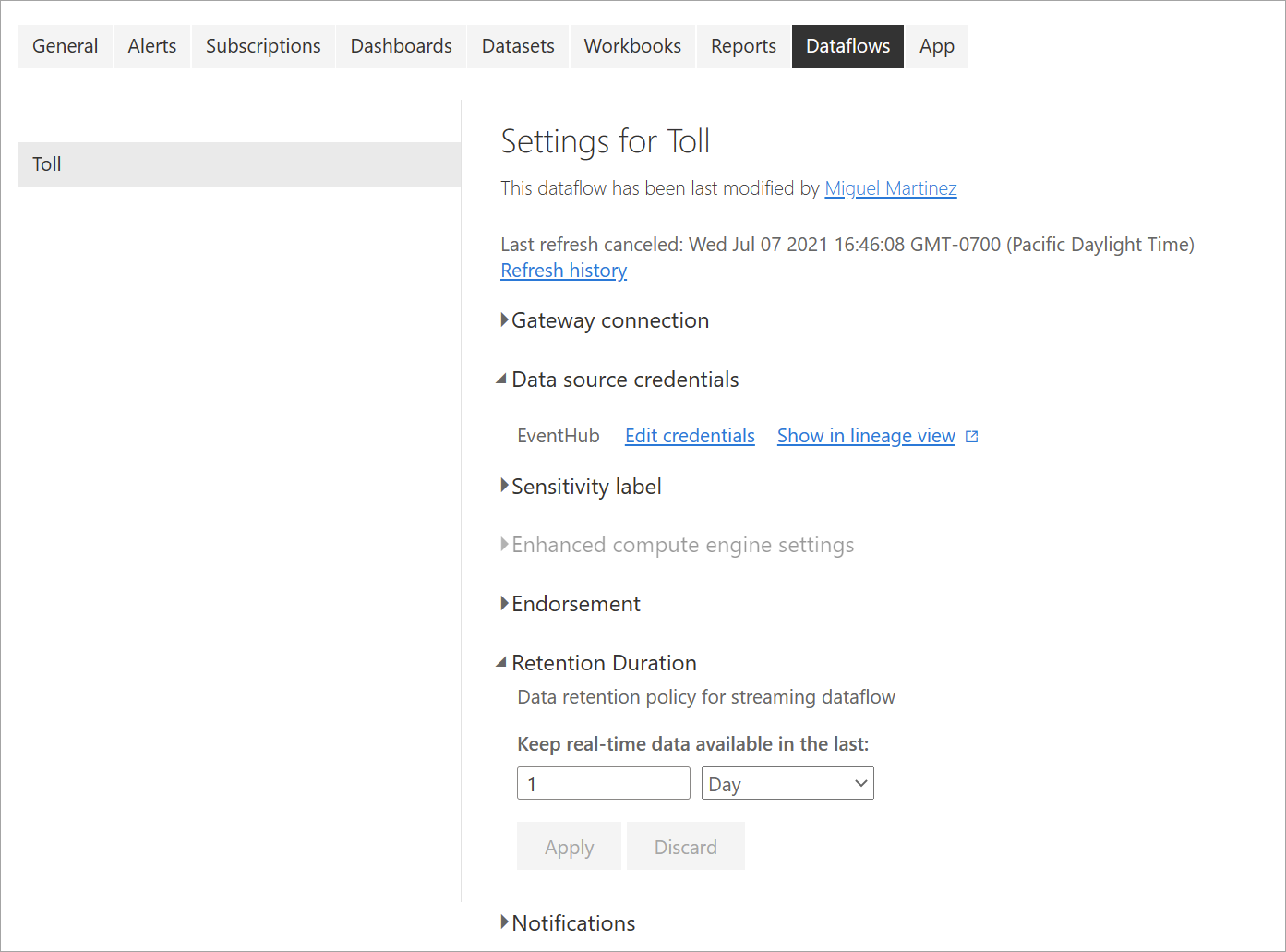 스트리밍 데이터 흐름에 대한 설정을 보여 주는 스크린샷