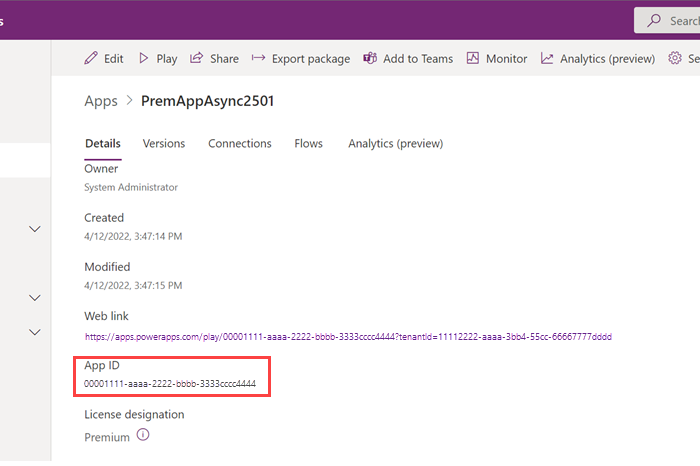 캔버스 앱의 AppName을 캔버스 앱 세부 정보 페이지에서 찾을 수 있음을 보여주는 스크린샷.