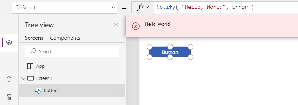 작성 환경에서 Button.OnSelect 호출 Notify 을 표시하고 결과 Hello, World 메시지를 사용자에게 빨간색 배너 메시지로 표시합니다.