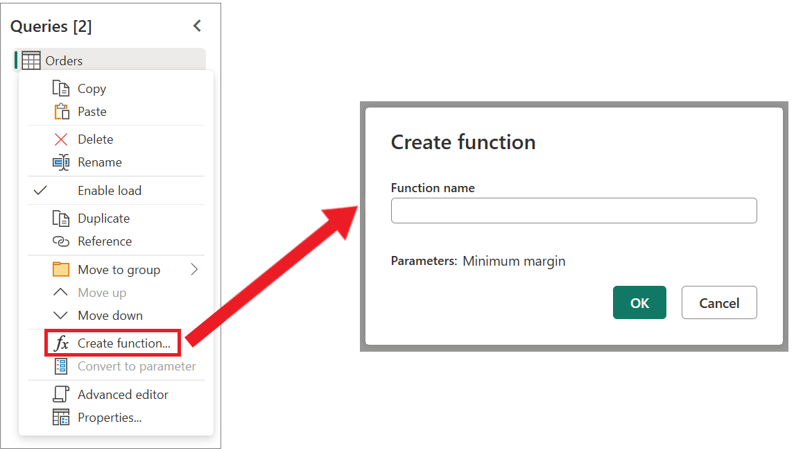 쿼리의 상황에 맞는 메뉴에서 강조된 함수 생성 옵션과 함수 생성 대화 상자의 스크린샷.