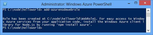 Add-AzureNodeWebRole 명령의 출력
