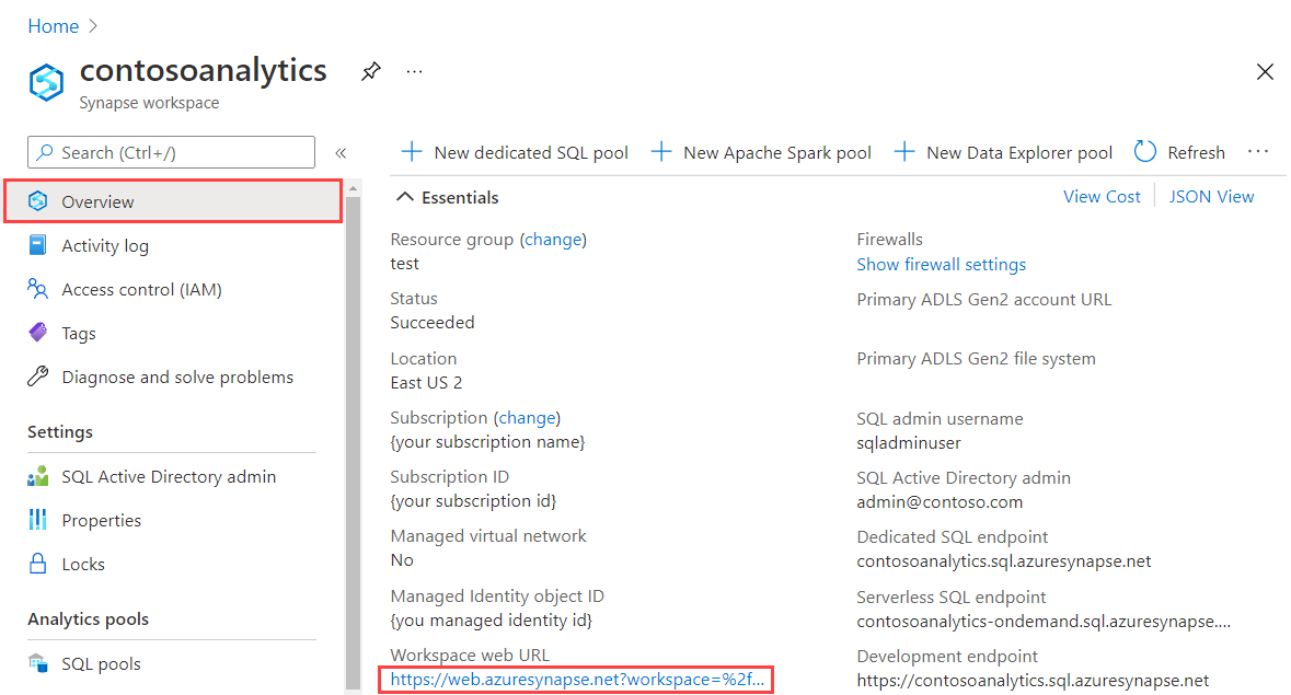 Synapse Studio 시작이 강조 표시된 Azure Portal Synapse 작업 영역 개요입니다.
