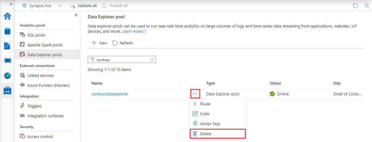 최근에 만든 풀이 선택된 Data Explorer 풀 목록.