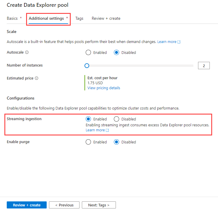 Azure Synapse Data Explorer에서 데이터 탐색기 풀을 만드는 동안 스트리밍 수집을 사용하도록 설정합니다.