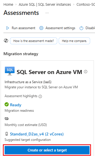 Azure 포털에서 대상 만들기가 강조 표시된 평가 창을 보여 주는 스크린샷.