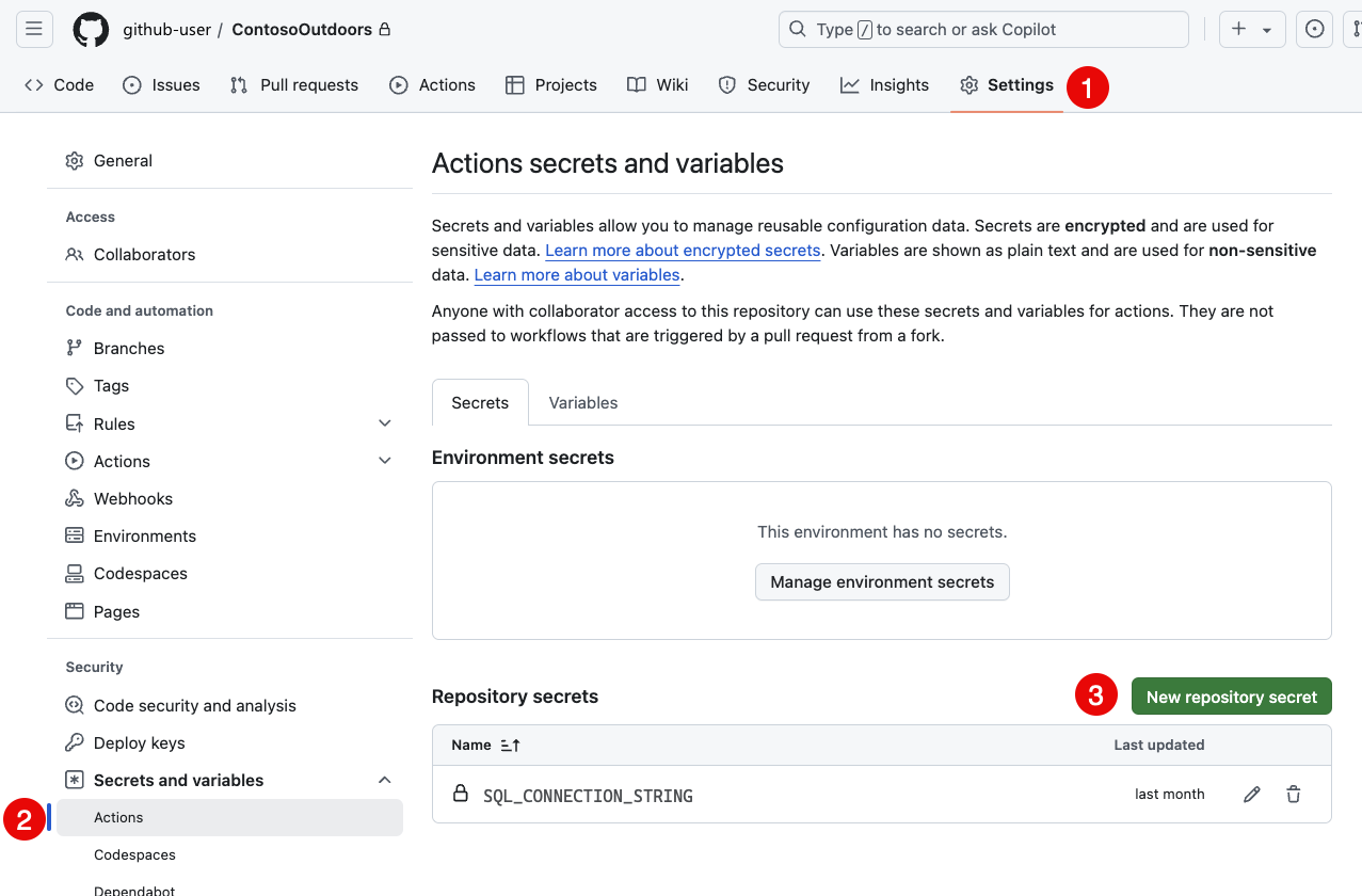 새 리포지토리 비밀 단추가 강조 표시된 GitHub 리포지토리 설정의 스크린샷