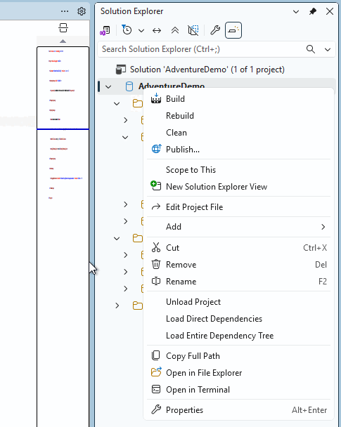 SQL Server Management Studio의 솔루션 탐색기에서 사용할 수 있는 빌드 옵션의 스크린샷