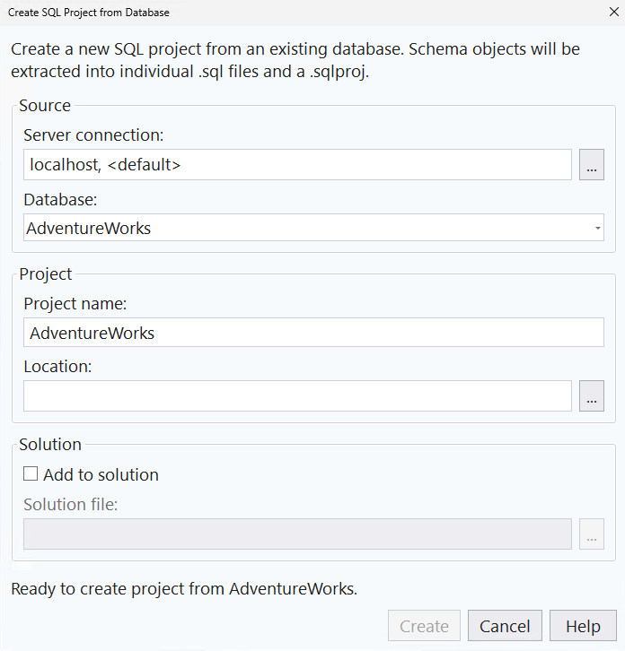 SQL Server Management Studio 데이터베이스 대화 상자의 새 SQL Project 스크린샷