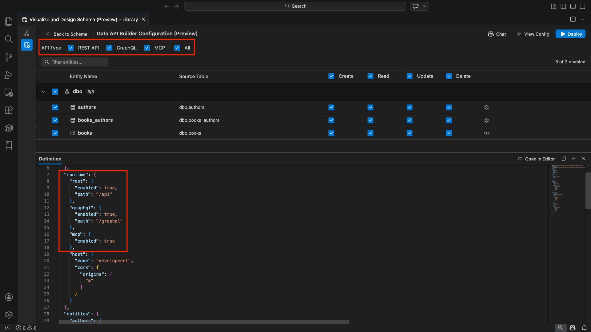 데이터 API 작성기 구성 보기 맨 위에 있는 REST API, GraphQL, MCP 및 모든 확인란의 스크린샷