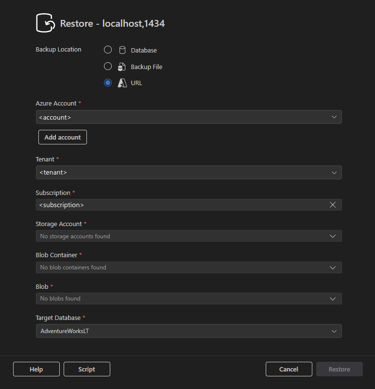 Azure 구성 필드를 보여 주는 URL 옵션이 선택된 복원 대화 상자의 스크린샷