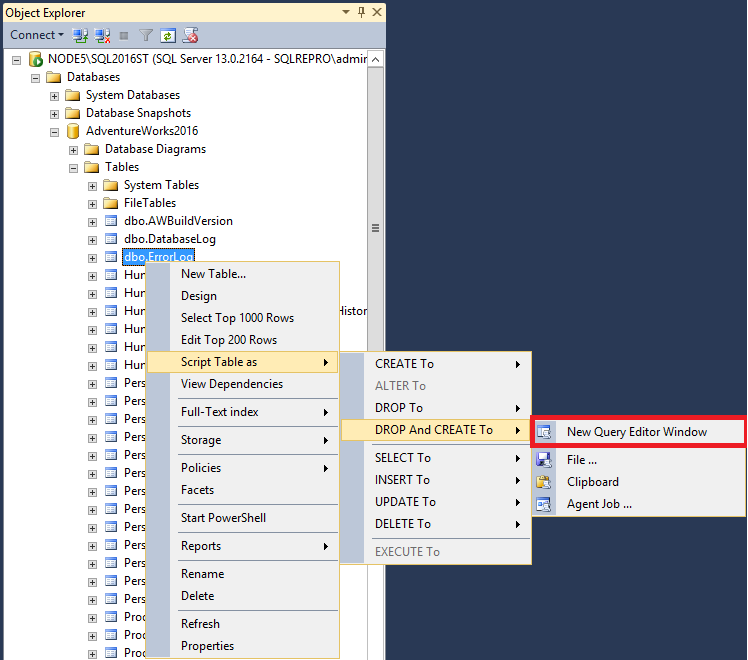 스크립트 테이블의 스크린샷.