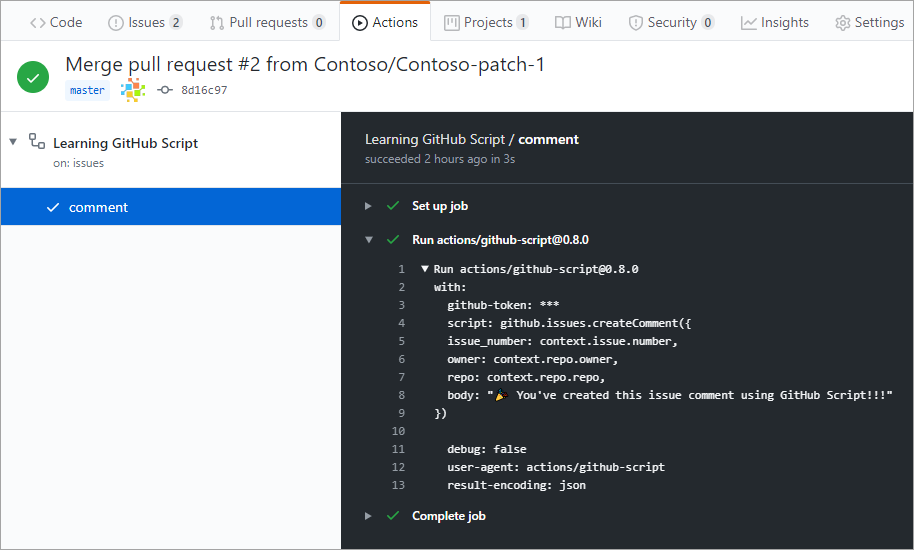 완료된 GitHub 스크립트 워크플로의 스크린샷