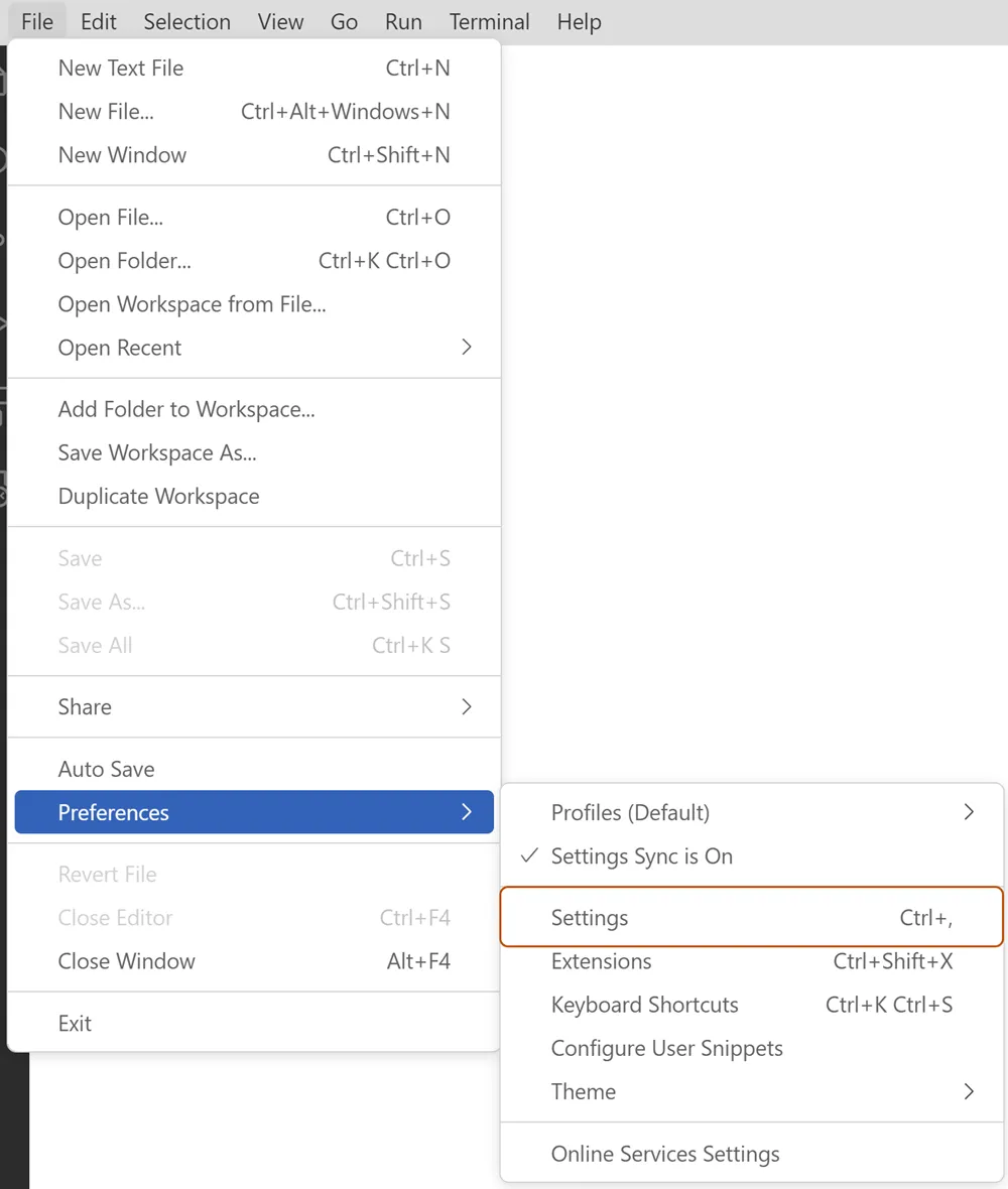 Visual Studio Code의 파일 메뉴 스크린샷 설정 명령이 선택된 상태에서 기본 설정 드롭다운 하위 메뉴가 열립니다.