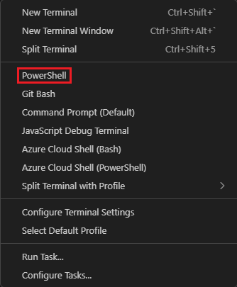 선택 셸 드롭다운을 보여 주는 Visual Studio Code 터미널 창의 스크린샷.