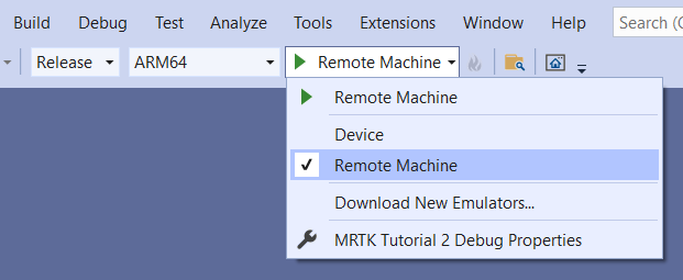 원격 컴퓨터를 대상으로 사용하는 Visual Studio 창의 스크린샷