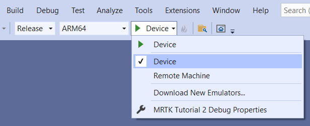 디바이스를 대상으로 하는 Visual Studio 창의 스크린샷.