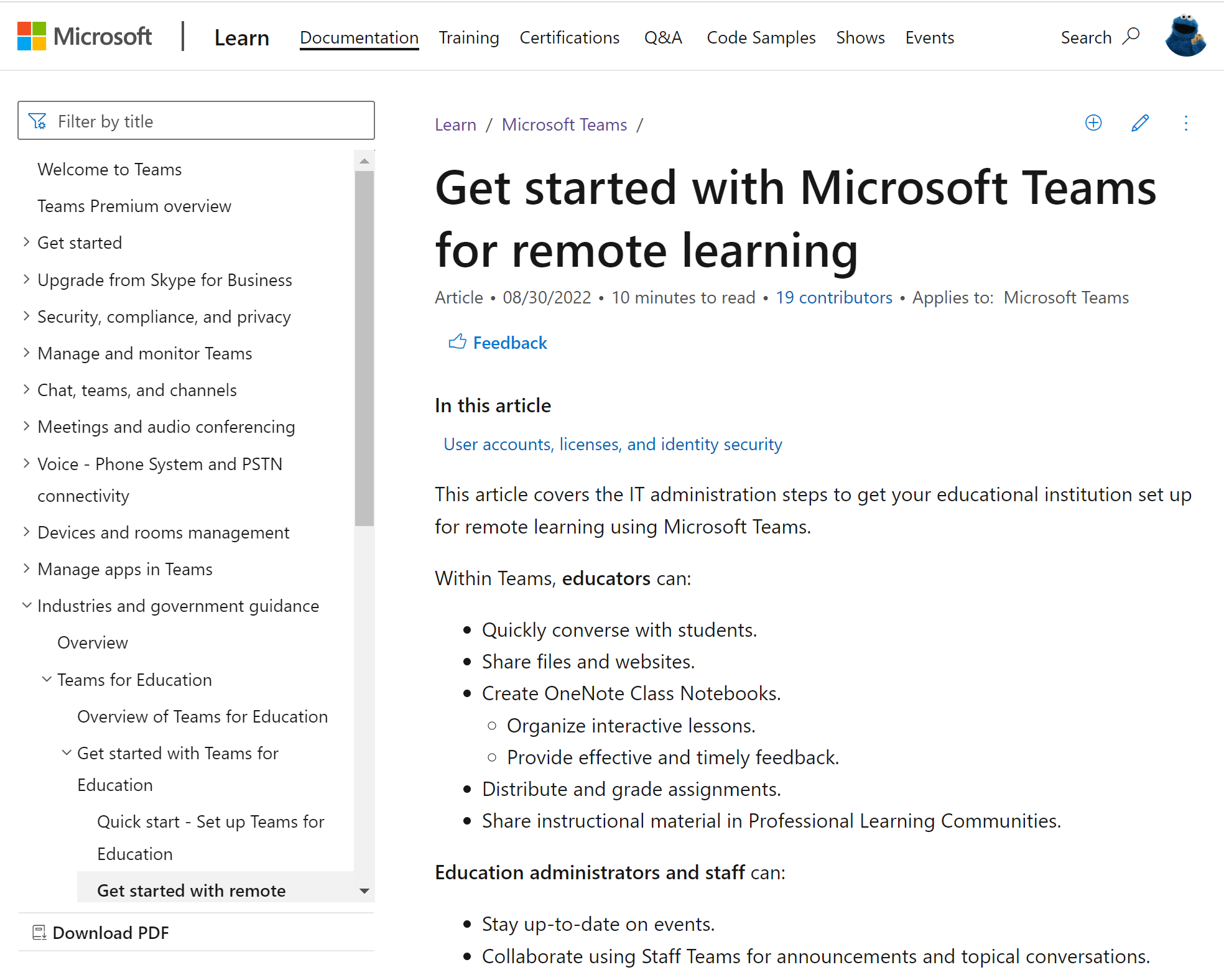 '원격 학습을 위한 Microsoft Teams 시작' 문서의 스크린샷