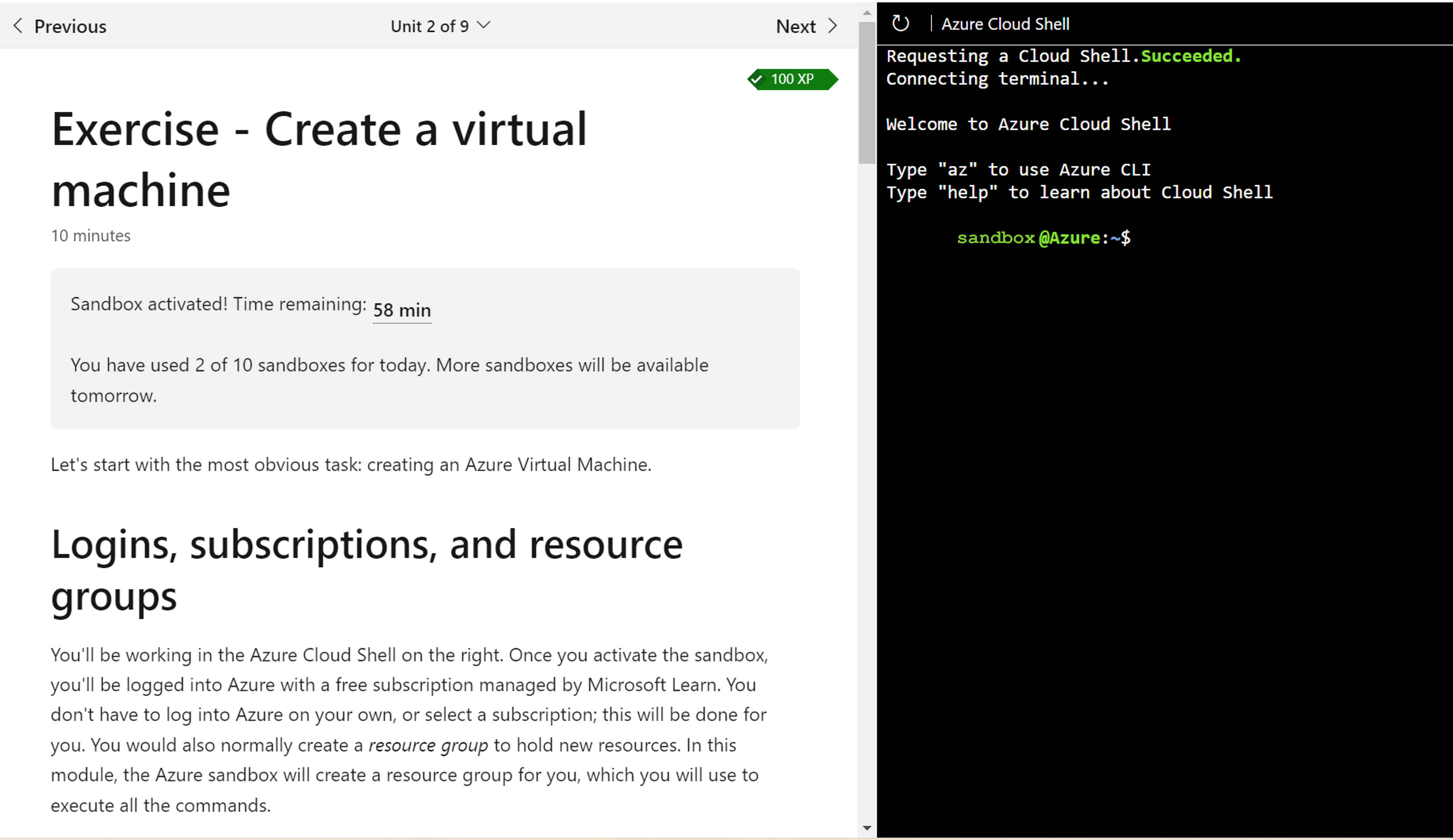 학습 콘텐츠 텍스트와 샌드박스가 나란히 있는 Microsoft Learn 단위의 스크린샷