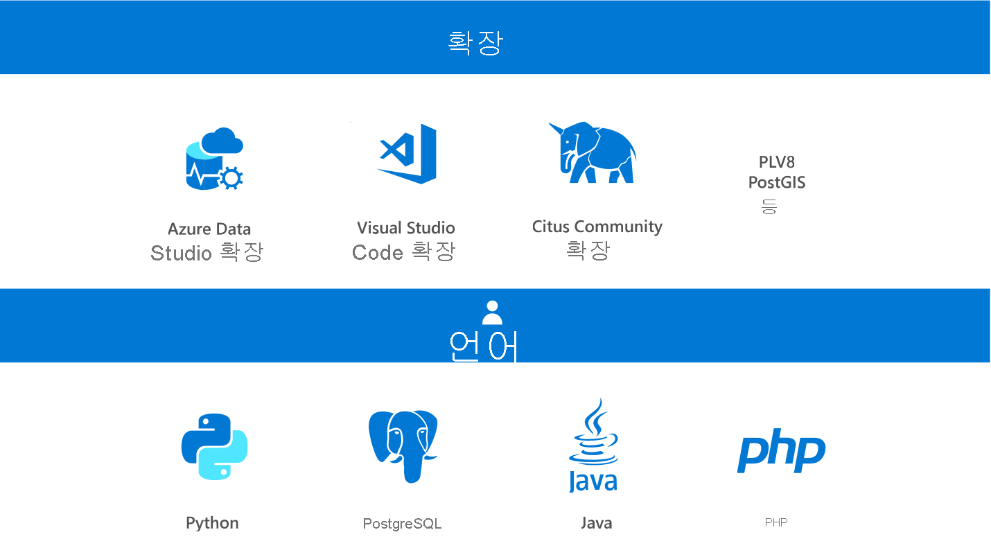 PostgreSQL 확장 및 언어를 보여 주는 스크린샷