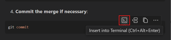  터미널에 삽입 옵션이 있는 Copilot 채팅 코드 블록의 스크린샷.