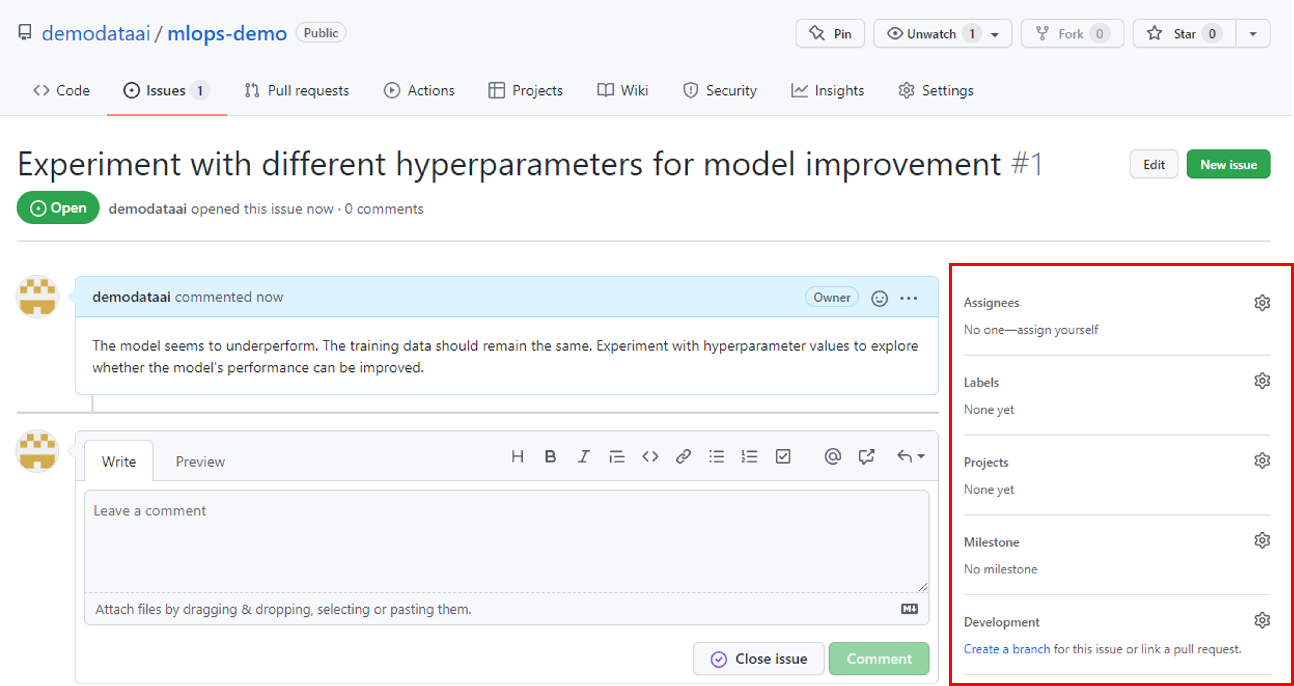 작업창이 강조 표시된 GitHub 문제 예제의 스크린샷