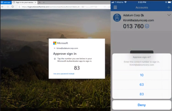 번호가 일치하는 Microsoft Authenticator 암호 없는 로그인의 화면 캡처입니다.