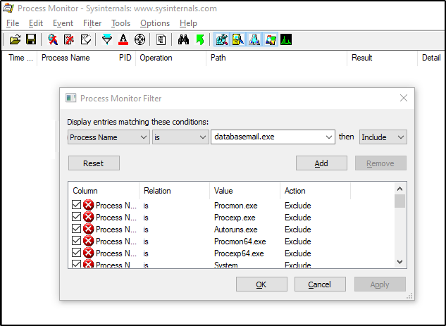 필터링된 database.exe 보여 주는 프러모니 도구의 스크린샷