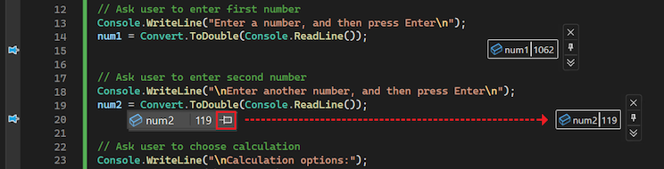 데이터 팁을 고정하고 코드 편집기 화면의 원하는 위치로 이동하기 위한 방법을 보여 주는 스크린샷