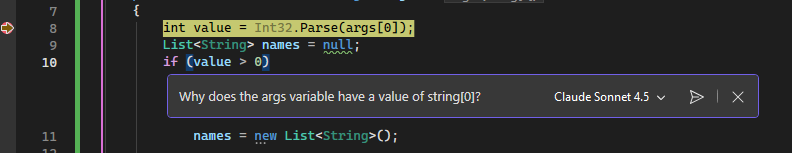 인라인 코필로트 채팅의 스크린샷