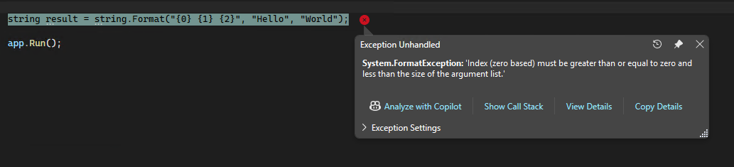 System.FormatException을 보여 주는 스크린샷.