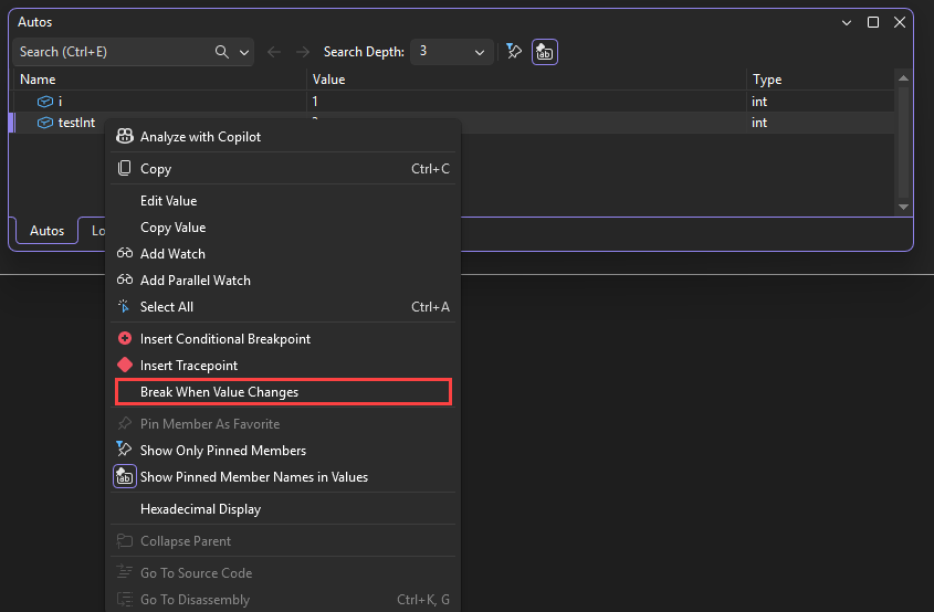 값이 변경되면 중단 명령을 보여 주는 스크린샷.