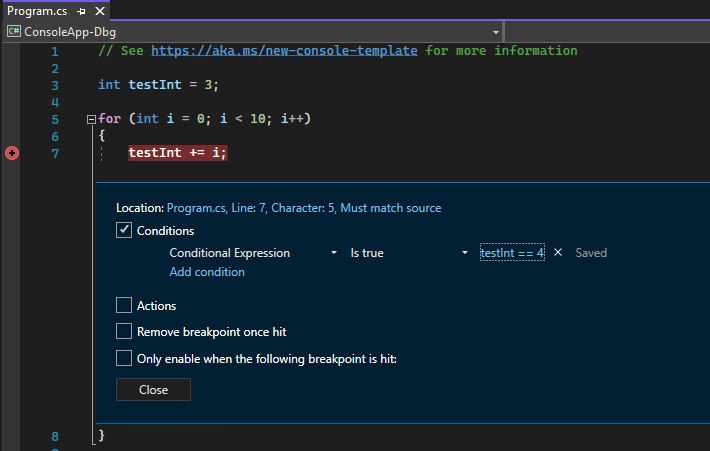 중단점 조건이 true인