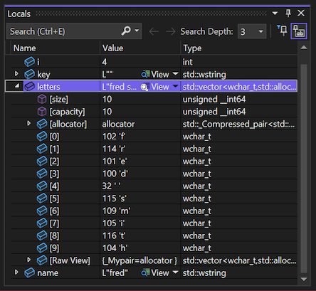 Visual Studio 2022의 로컬 창에서 변수 및 값을 검사하는 방법을 보여 주는 스크린샷