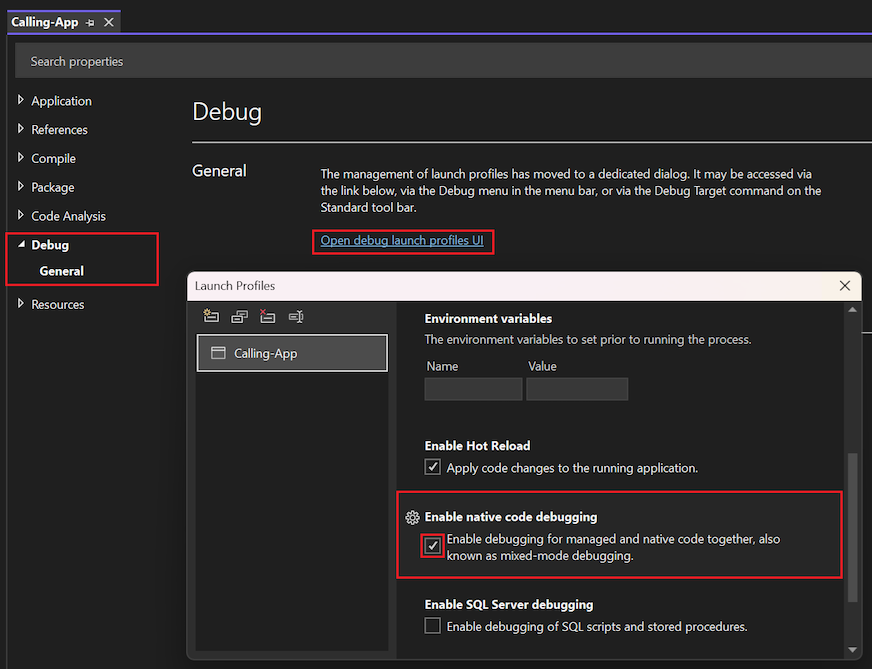 Visual Studio에서 C# 또는 Visual Basic 프로젝트에 대해 혼합 모드 디버깅을 사용하도록 설정하는 방법을 보여 주는 스크린샷