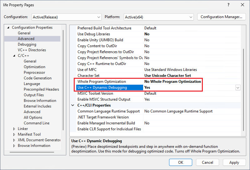 고급 프로젝트 속성을 보여 주는 스크린샷