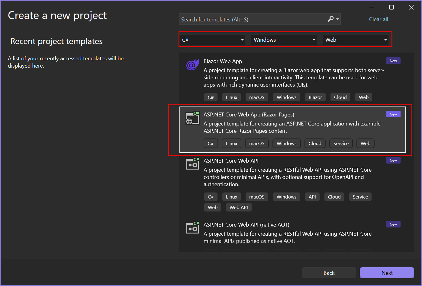 새 프로젝트 만들기 페이지에서 선택되고 강조 표시된 ASP.NET Core Web App 프로젝트 템플릿을 보여 주는 스크린샷