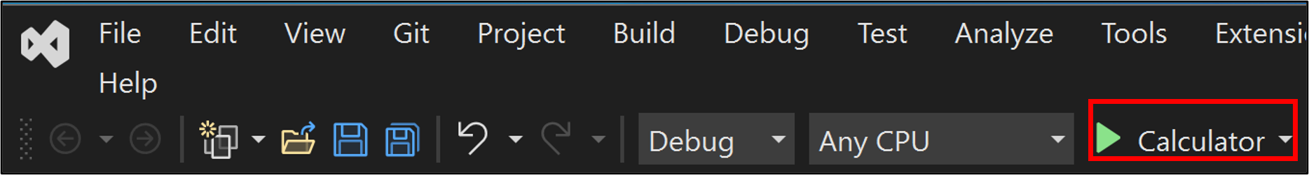 디버그 도구 모음에서 앱을 실행할 계산기 단추를 선택하는 방법을 보여 주는 스크린샷