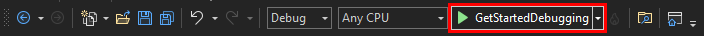 Visual Studio 2022의 표준 도구 모음에 있는 디버그 대상 단추의 스크린샷