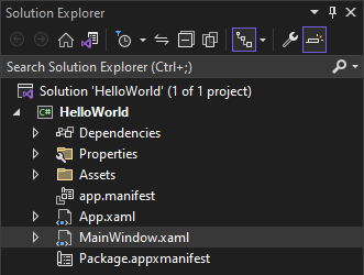 MainWindow.xaml 파일이 선택된 HelloWorld 프로젝트의 속성, 참조, 자산 및 파일을 보여 주는 솔루션 탐색기 창의 스크린샷