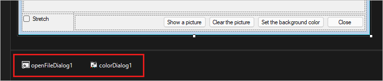 스크린샷은 디자이너 아래쪽에 있는 대화 상자 구성 요소를 보여줍니다.