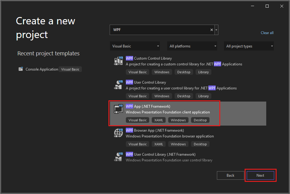  검색 상자에 'WPF'이 입력되고 언어 목록에서 'Visual Basic'이 선택되고 'WPF 앱(.NET Framework)' 프로젝트 템플릿이 강조 표시된 '새 프로젝트 만들기' 대화 상자의 스크린샷이 강조 표시됩니다.