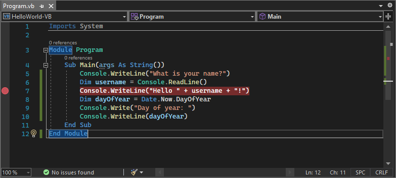 Visual Studio 2022의 코드 줄에 중단점이 설정된 스크린샷